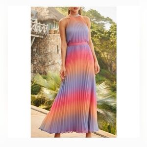 NWT Boston Proper Size 14 Pleated Maxi Dress Sunrise Ombre Rainbow